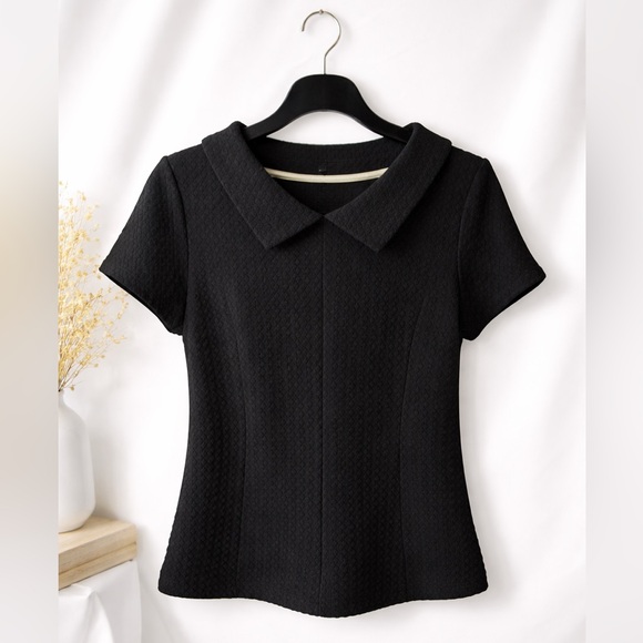 Boden Tops - Boden Black Quilted Textured Top with Collar | Size 6 | Quiet Luxury Preppy